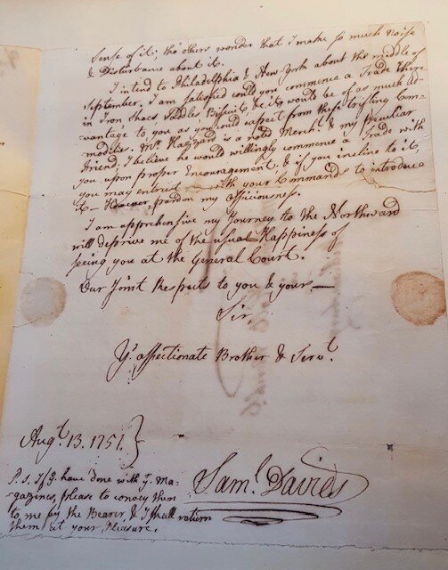 A letter signed by Samuel Davies dating to August 13, 1751. In this letter contains one of Davies’s most famous quotes: “I have a peaceful study, as a refuge from the Hurries & Noise of the World around me; the venerable Dead are waiting in my L…